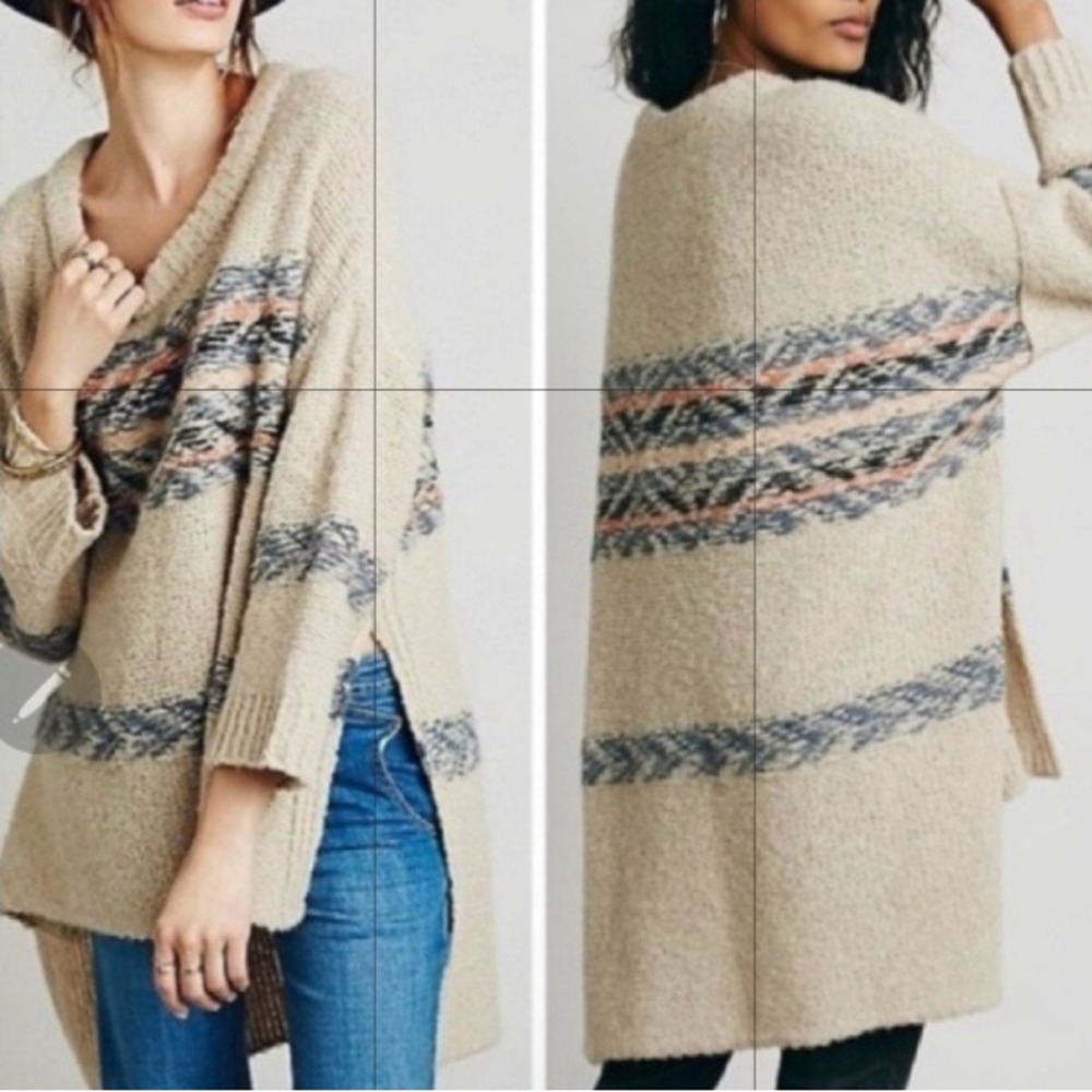 Free People Alpaca Blend Fair Isle Tunic Sweater Beige Blue Sz M/L